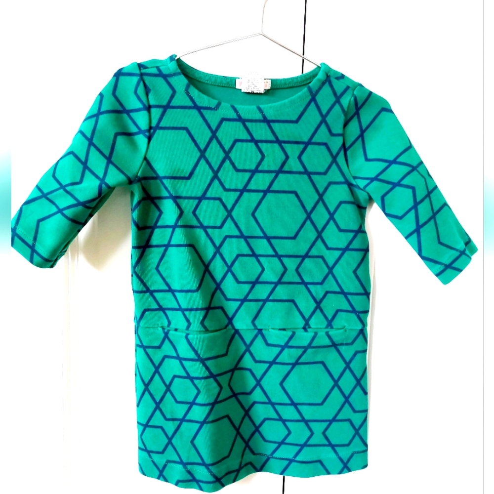 Green Geometric Long Sleeve Shift Dress Pockets size 3 Crewcuts (J Crew) Hexagon